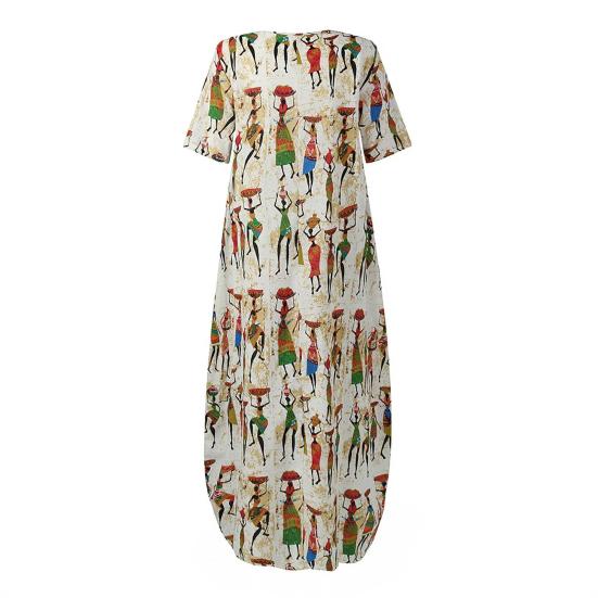 Women's Summer Casual Maxi Dress Loose Short Sleeve Crew Neck Long Dress Beach Ethnic Printed Sundresses