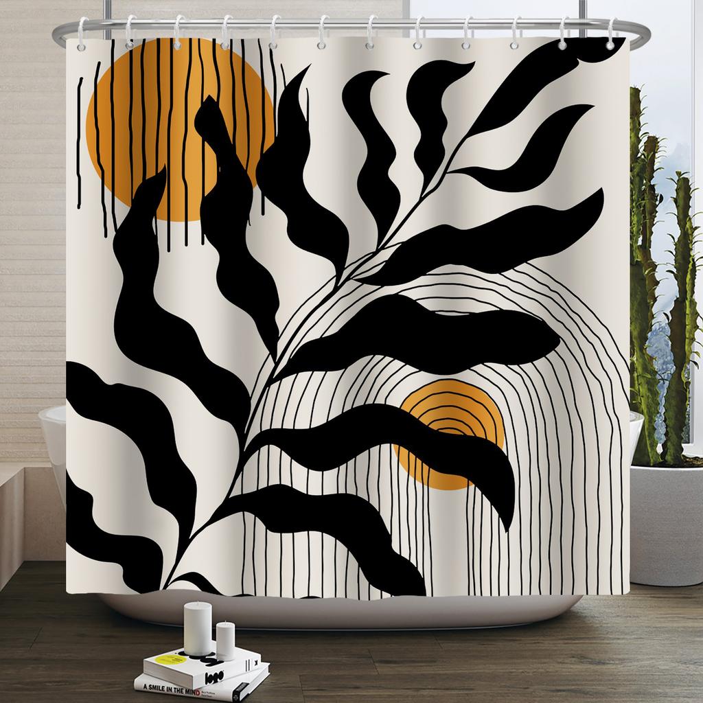 Mid Century Abstract Boho Shower Curtain Green Leaf Plant Modern Arch Sun Minimalist Nordic Waterproof Bathroom Bath Curtain