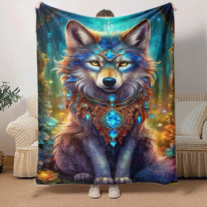 1pc Wolf Printing Lightweight Flannel Blanket, Comfortable and Warm Blanket, for Camping Sofa Bed and Couch Office, Gift