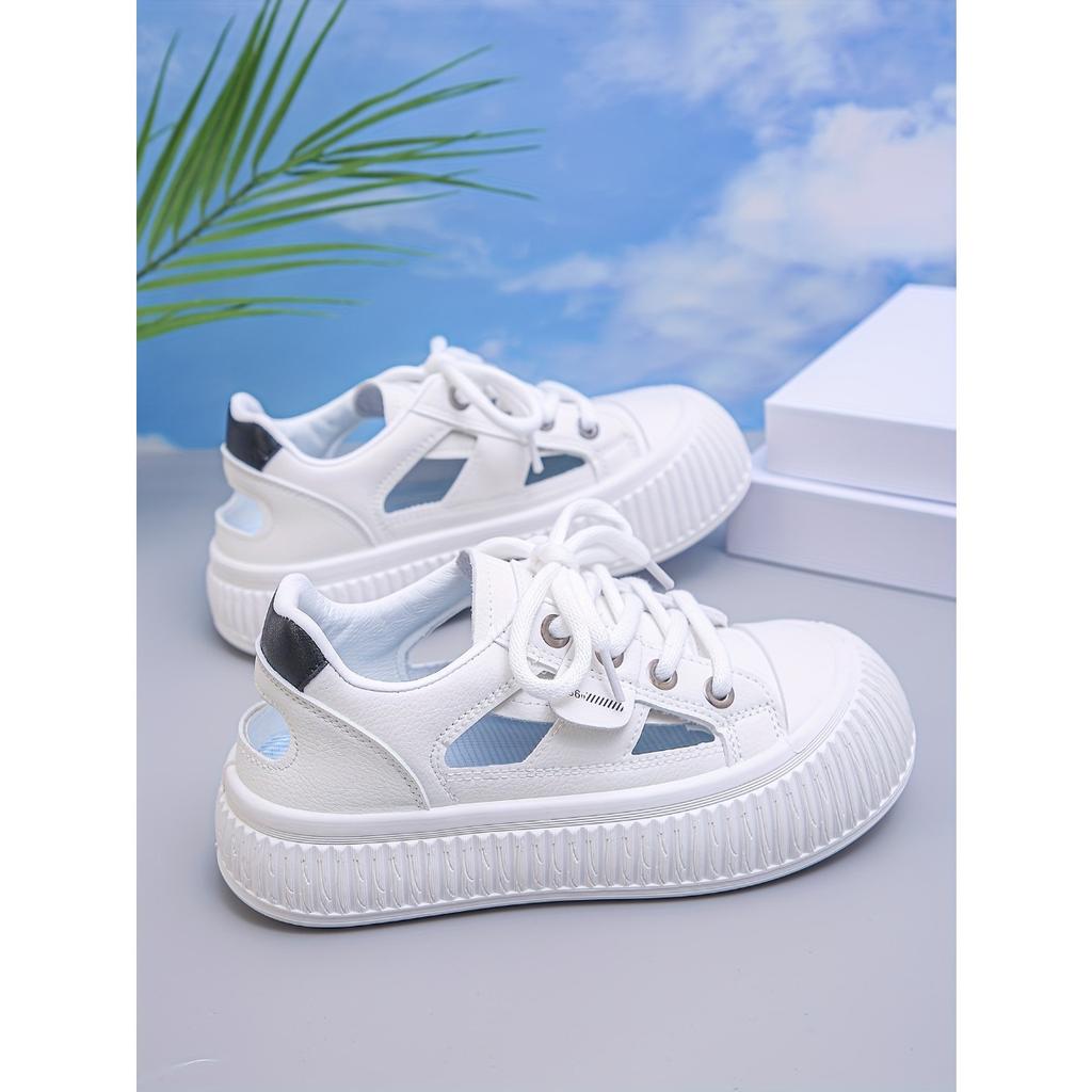 Four Season New Thick Sole Height Increasing Hollow Out Trendy Women's Shoes, White Shoes for Women
