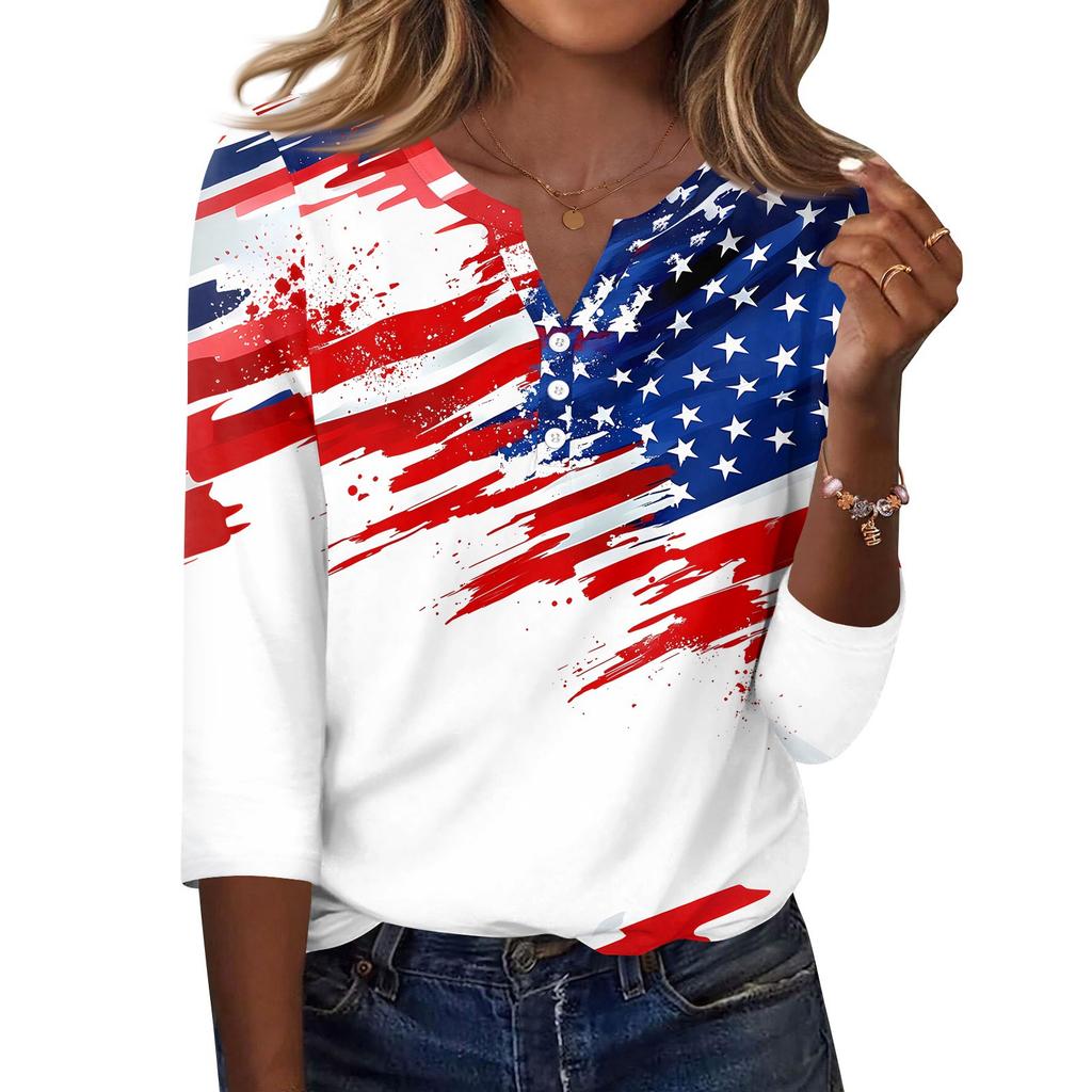Women's T Shirt Independence Day Print Button 3/4 Sleeve Daily Weekend Fashion Basic V- Neck Regular Top