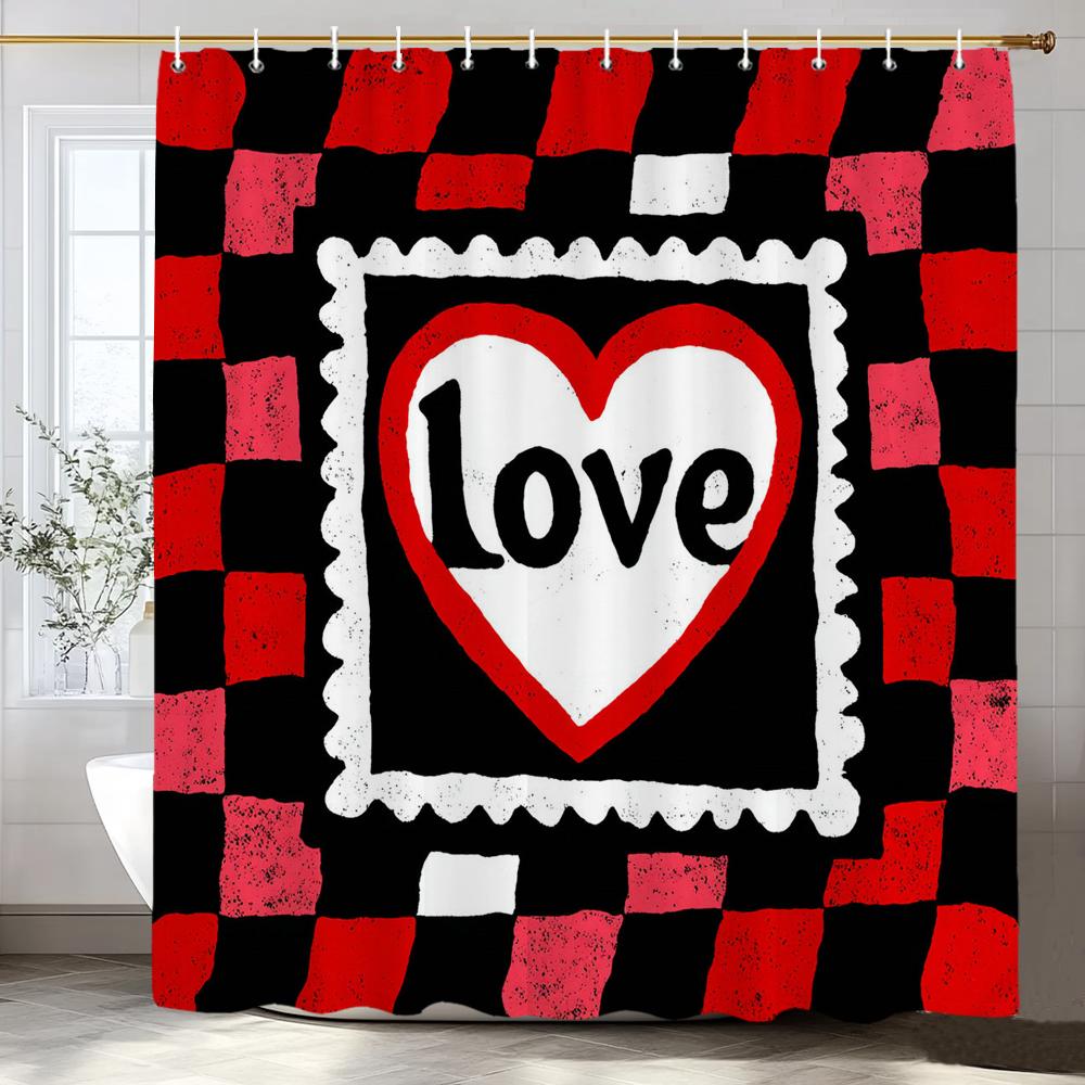 Modern heart-shaped Red Love Pattern Shower Curtain, Bathroom Decorative Shower Curtain, Waterproof Shower Curtain with Hooks