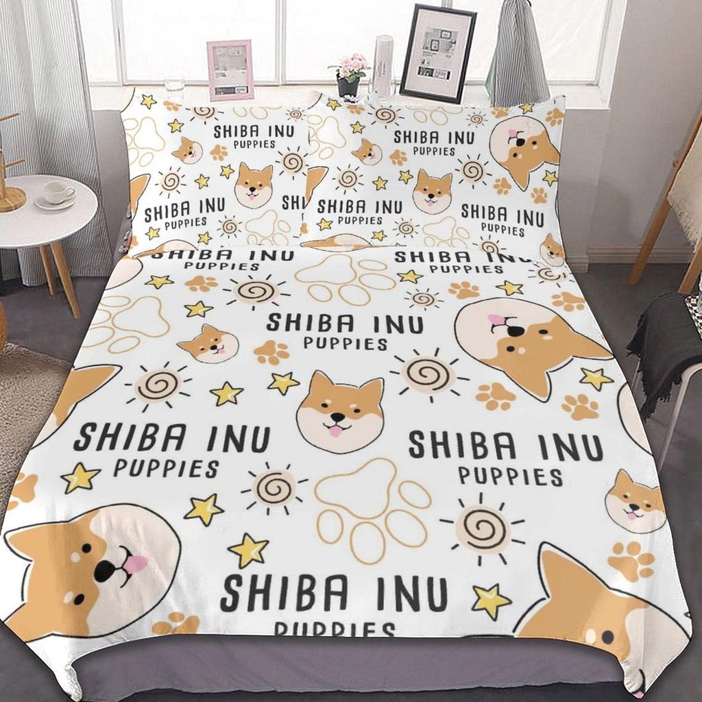 Cartoon Shiba Inu King Queen Bedding Set Yellow Pet Puppy Duvet Cover Cherry Blossoms Tree Quilt Cover Polyester Comforter Cover