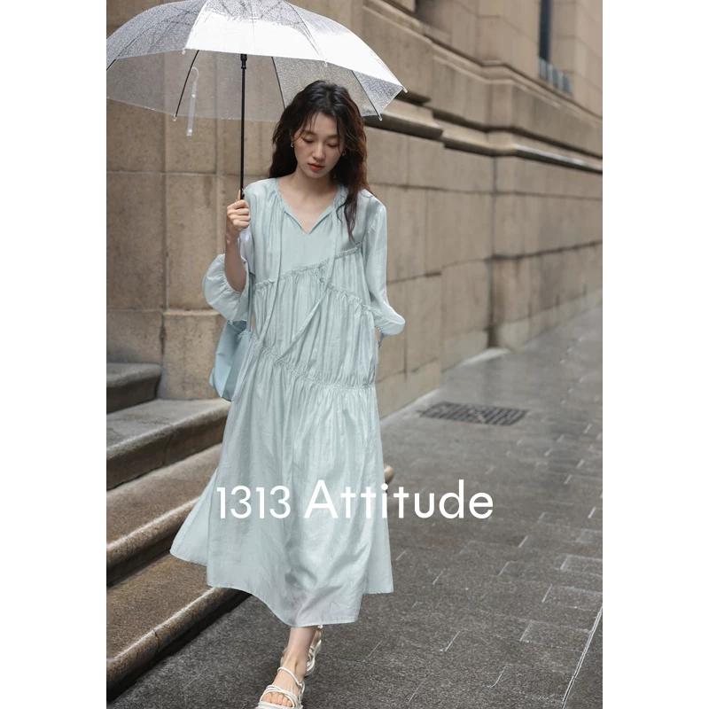 

Heavy recommendation!% Tencel atmosphere blue dress women s elegant big swing dress XS