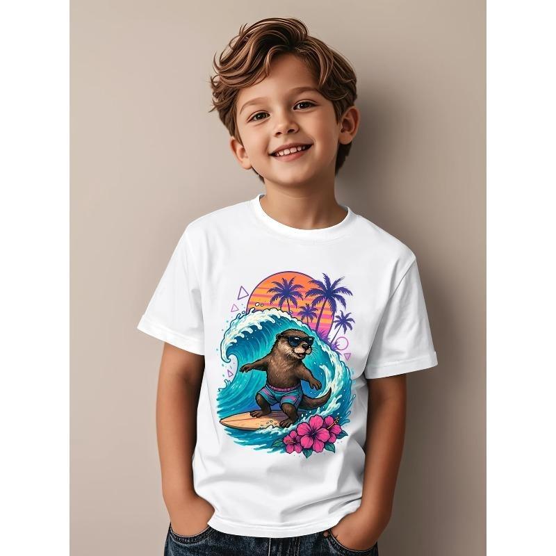 European sizes Unisex Otter Surfing T-Shirt | Cute Surfing Otter and Wave Print, Hawaiian Hibiscus and Surfboard Design