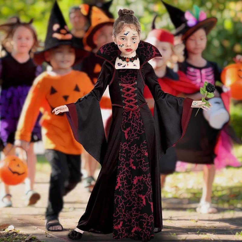 New Halloween children's costume witch costume medieval retro lace-up collar horn sleeve print dress
