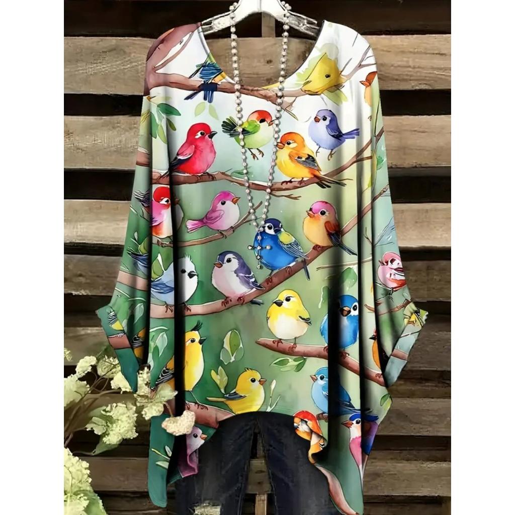 Camiseta de Verano para Mujer Estampado de Colibrí y Pavo Real Cuello Redondo Cola Cómoda Manga Corta Oversize Dobladillo Irregular Tops
