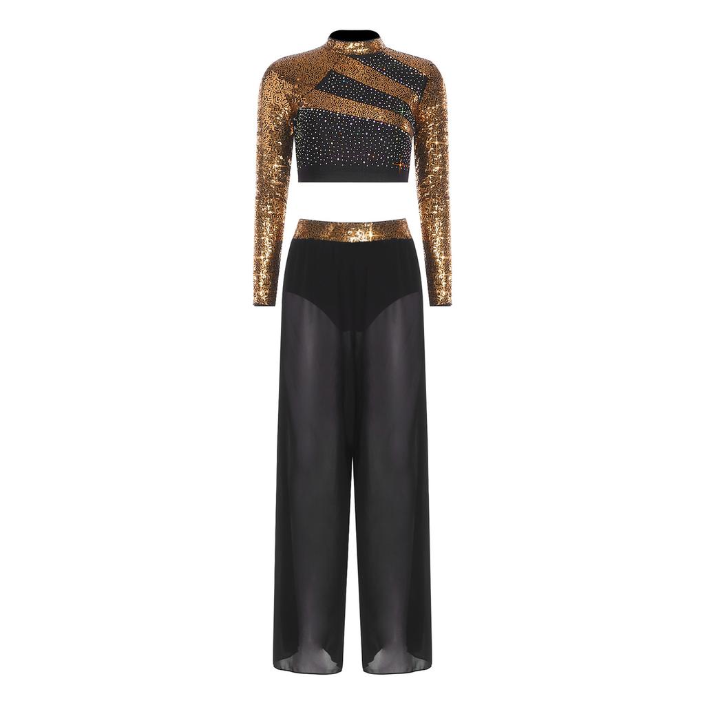 S-XXL Women Two-Piece Lyrical Dance Outfit Mock Neck Long Sleeve Cutout Back Sequins Rhinestones Crop Top with Side Split Sheer Chiffon Pants