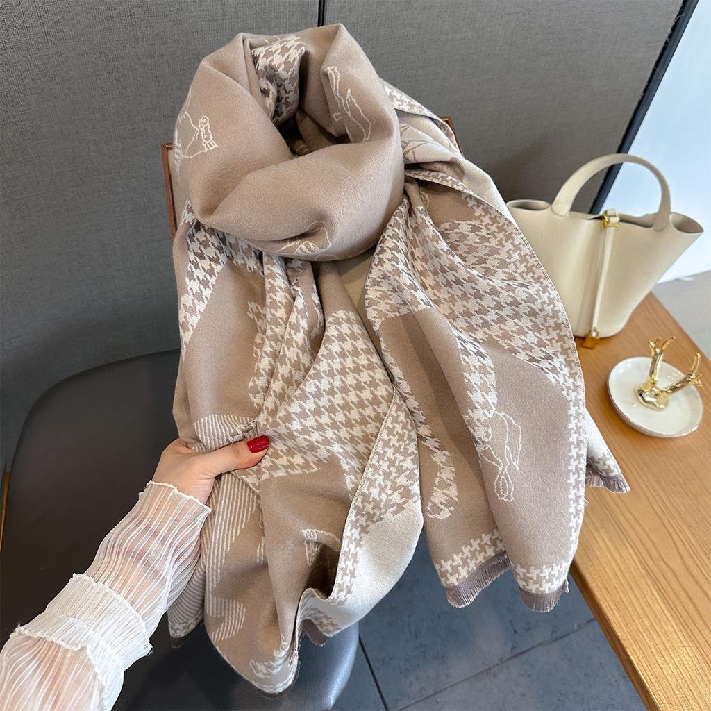 Women Soft Winter Cashmere Scarf Fashion Retro Horse Houndstooth Warm Shawl And Wrap Bandana Pashmina Female Scarves