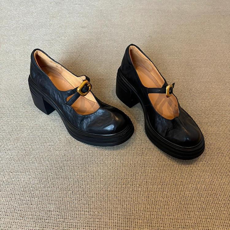 Sheepskin Version~ British Versatile Thick-soled Round-headed Small Leather Shoes for Women's Retro Shallow Mouth One-word Buckle Thick-heeled Mary