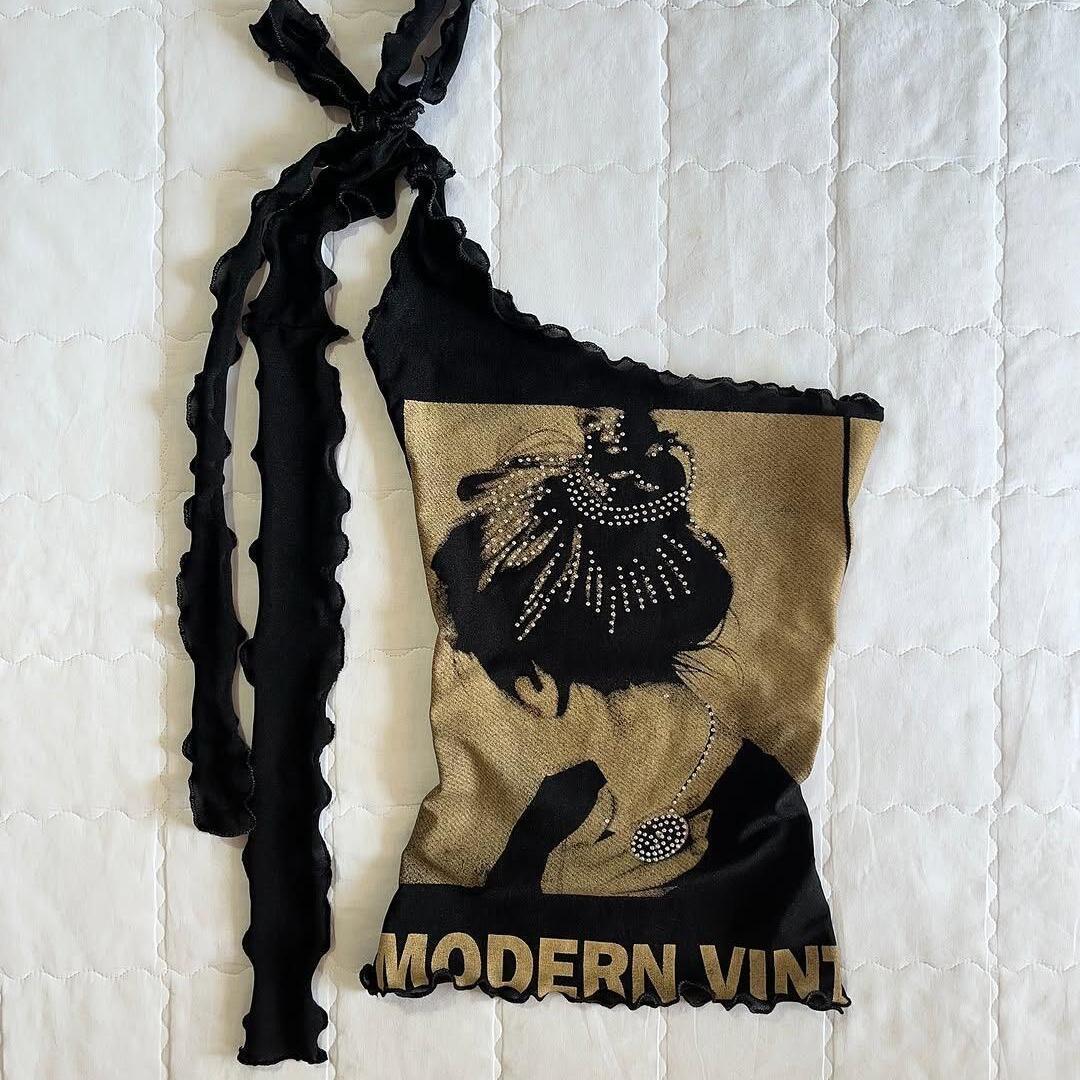 American Retro Rhinestone One-Shoulder Camisole: Hepburn Style, Black & Brown, Wavy Hem Small