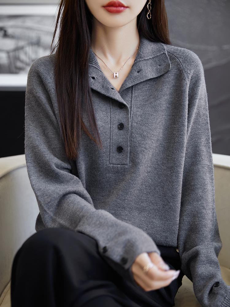 Women's 100% Wool Korean-Style Knit Sweater - Button Half-Open Stand Collar, Loose, Thickened for Autumn/Winter