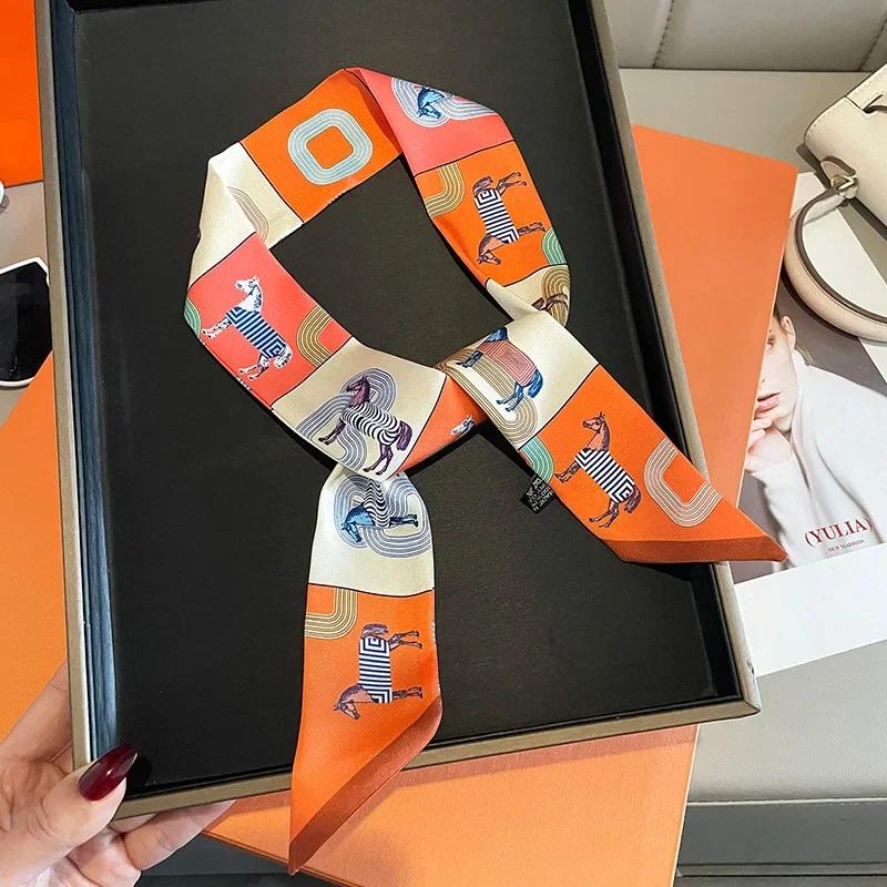 Silk Scarf Women Luxury Chain Print Bag Skinny Scarves Wraps Wrist Towel Foulards Neckerchief Headband Muslim Hijabs