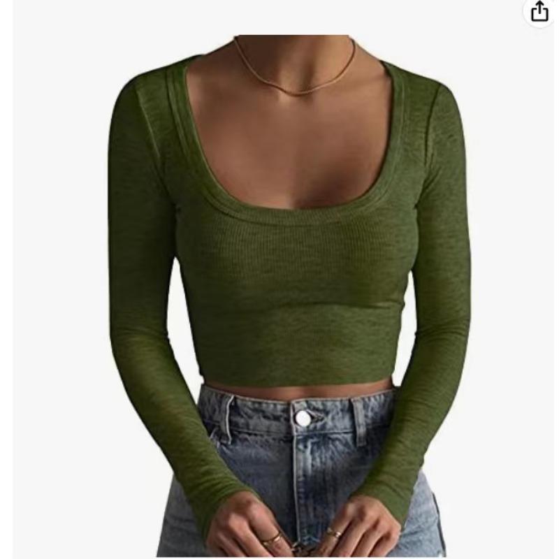 Form-Fitting Ribbed Long Sleeve Crop Top With Wide Square Neck