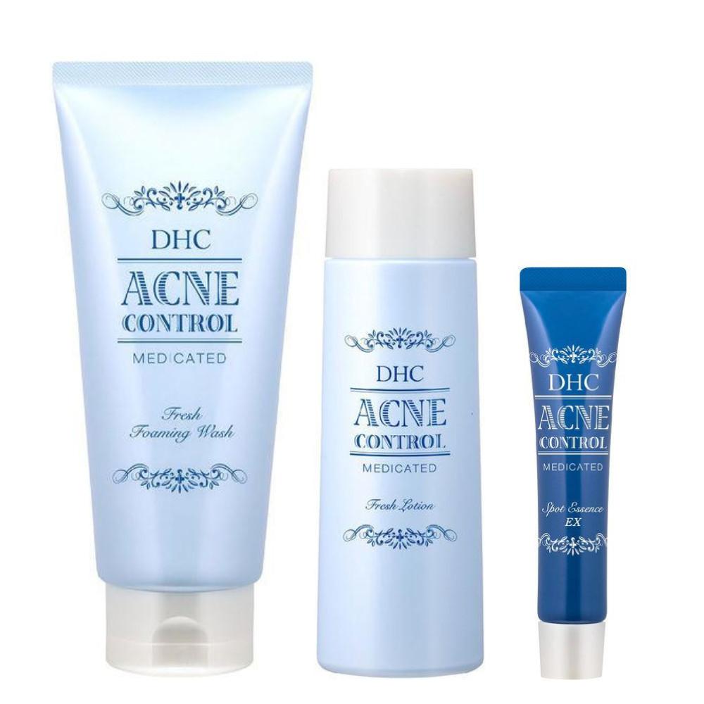 DHC Medicated Acne Control Fresh Foaming Wash 130g  Fresh Facial Lotion 160ml  Spot Essence EX 15g