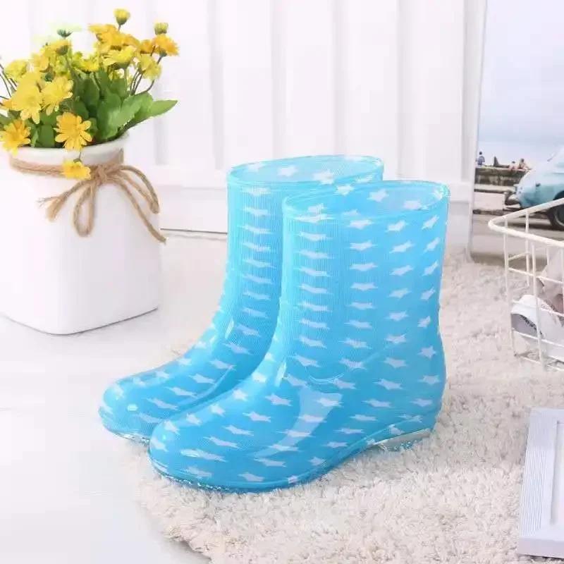 Fashion Print Rain Boots Women Waterproof Work Shoes for Girls Non Slip Anti Skip PVC Water Shoes Rainboots Mid-Calf Botas 2024