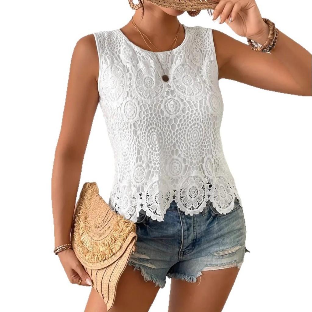Summer White Cotton Polyester Sleeveless Lace Hollow Tshirt For Casual Wear