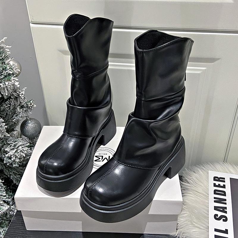 

Плиссированные кремовые сапоги на толстом каблуке - 2025 осень/зима британская мода женские сапоги на высоком каблуке 39