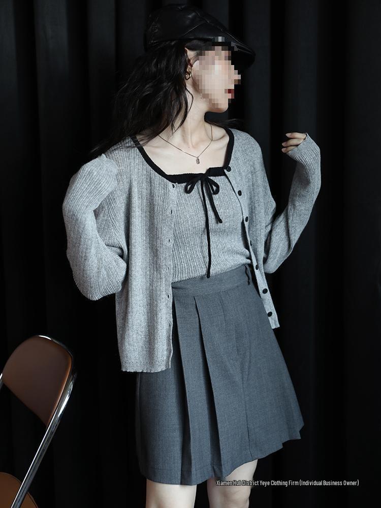 Retro Gray Knitted Cardigan Set - 2025 Autumn Women's Collection