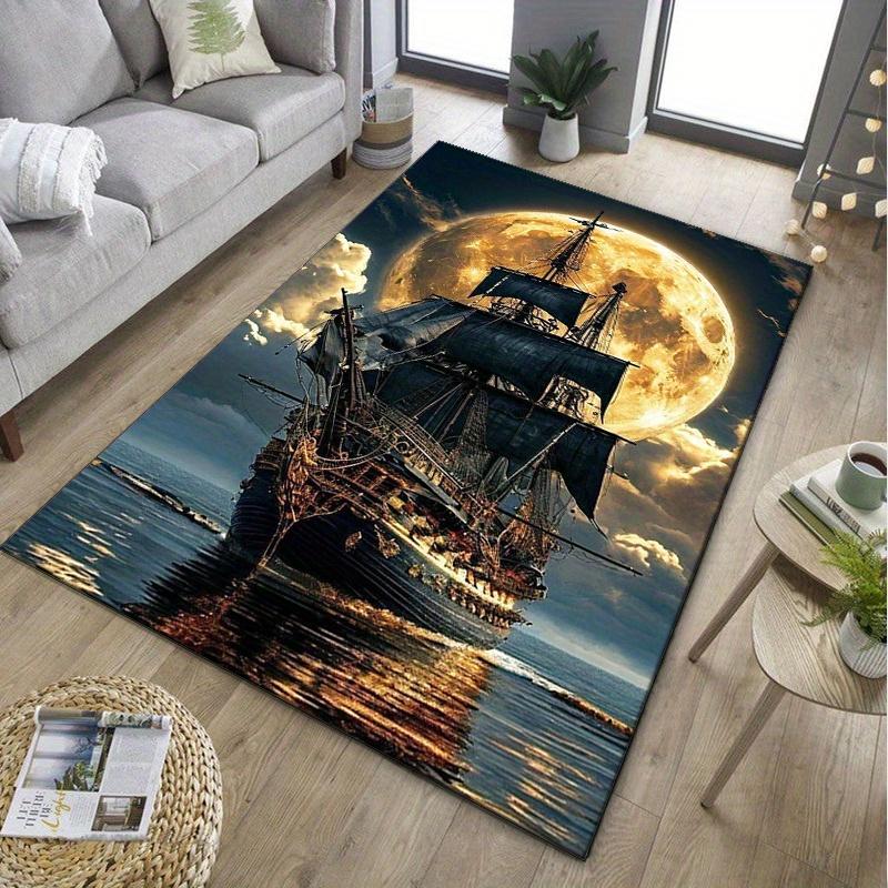 Alfombra de Barco Pirata en Noche de Luna Llena Suelo de dormitorio Interior con temática náutica Alfombra antideslizante se puede lavar a máquina