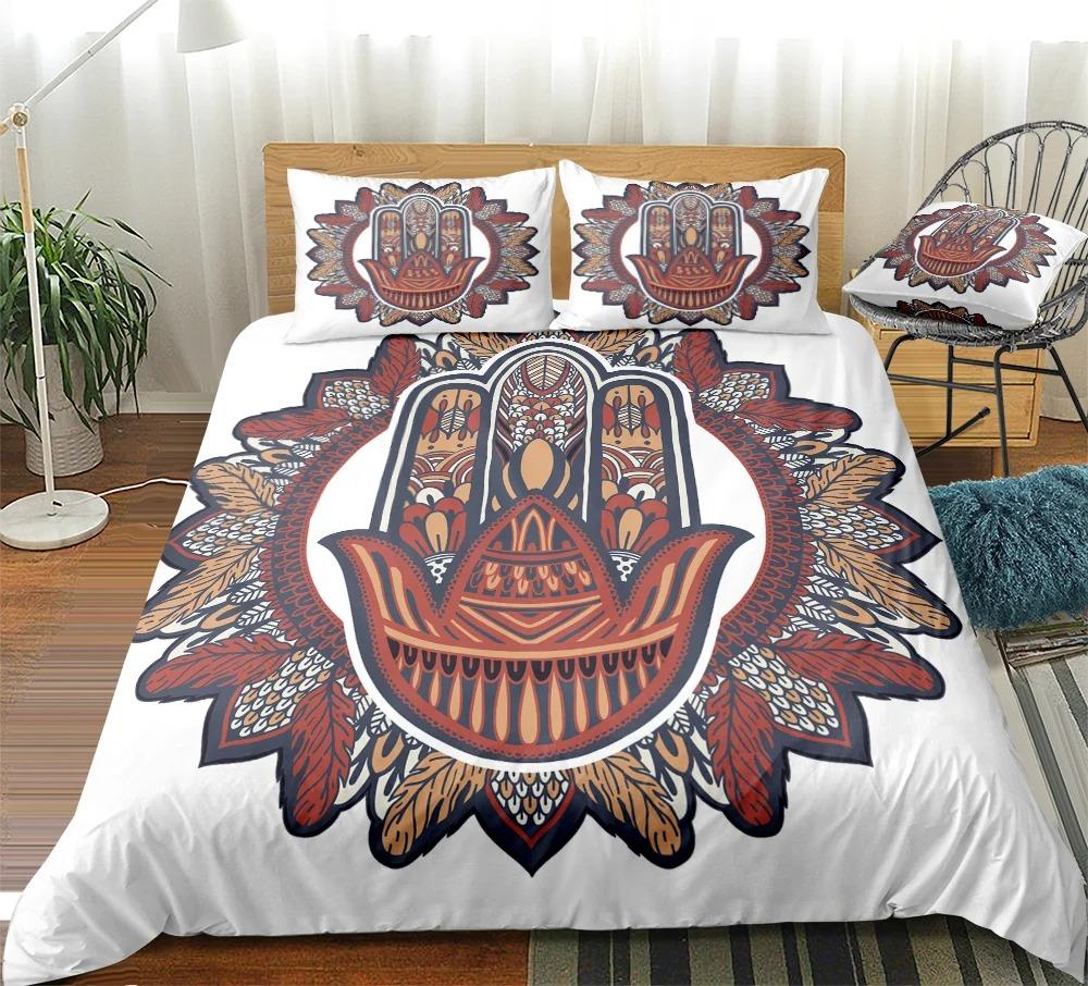 Hamsa Hand King Queen Bedding Set Hand of Fatima Duvet Cover Boho Mandala Black Gold Lucky Hand Polyester Quilt Cover