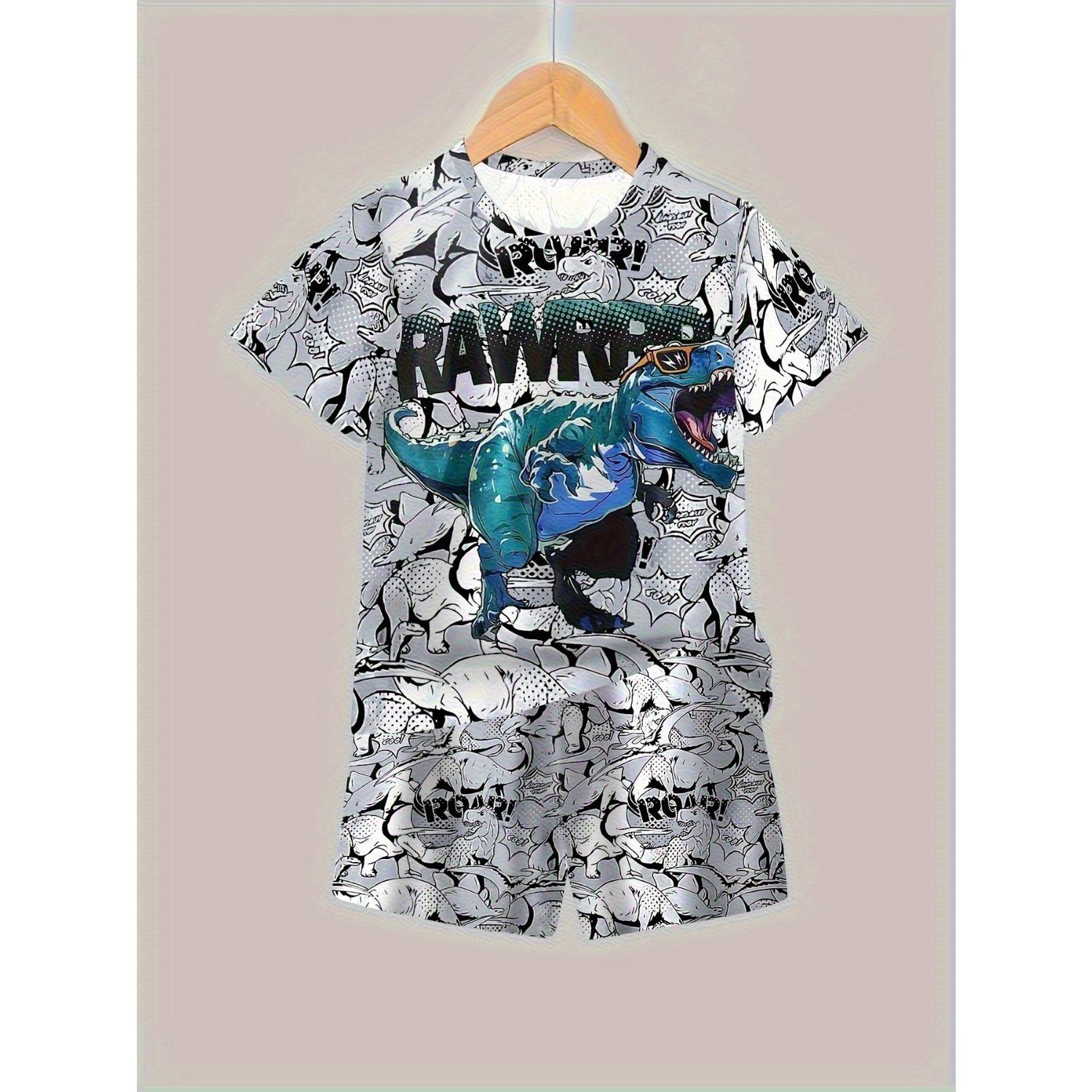 

3D dinosaur pattern casual suit for boys, short sleeved T-shirt and shorts, suitable for outdoor wear in spring and summer 13-14 Years
