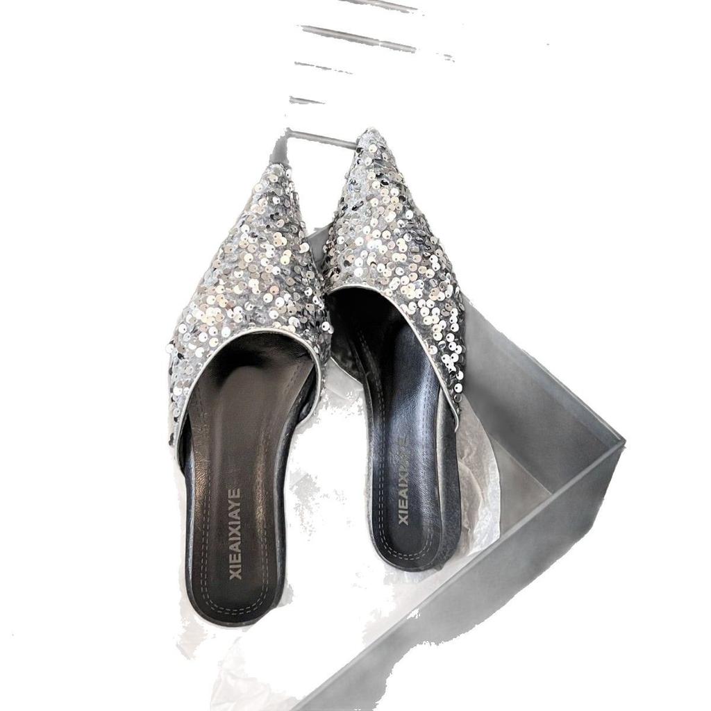 Baotou Slippers Women's 2025 Spring and Summer New Outer Wear Sandals Pointed Sequins Flat-bottomed Lazy Half Slippers