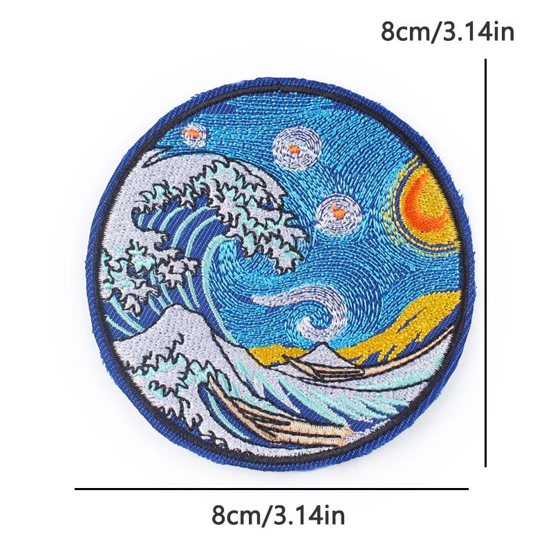 Van Gogh's Art Applique Iron On Patches On Clothes Cartoon Waves Starry Sky Embroidered Patches For Clothing Decorate Stickers