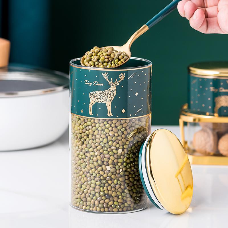 Food Storage Container, Glass Sealed Jar with Lid, Kitchen Storage Bottle, Household Moisture-proof Tea Can, Metal Rack