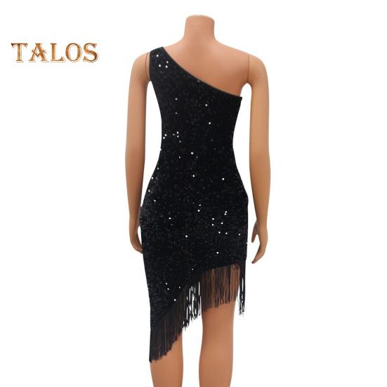 Women Evening Dress Slant Tassel Hem Sequin One Sloping Shoulder Sleeveless Bodycon Party Wedding Cocktail Clubwear Midi Dress