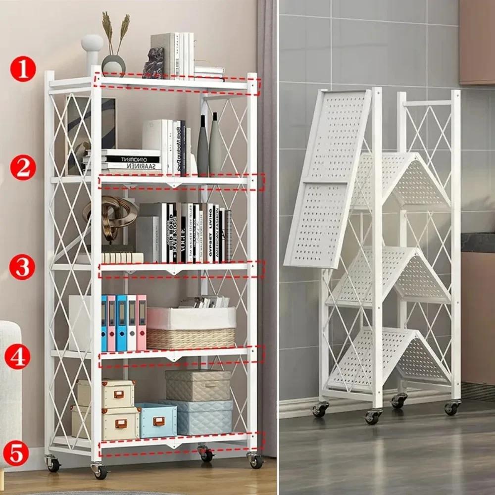 Installation-Free Multilayer Bookshelf Multifunctional Floor Type Microwave Oven Rack Foldable Movable Living Room Storage Rack