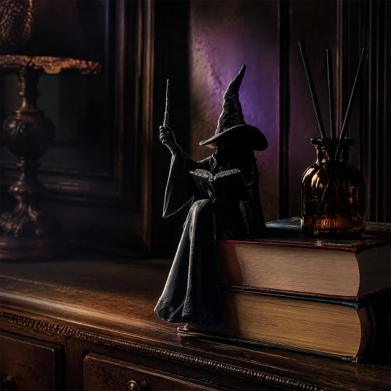 Black Witch Figurine for Home Shelf Faceless Sitter Figurine, 3D Printed Wizard Statue with Halloween Party Tabletop Decoration Wand Spell Book,