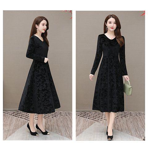 Golden Velvet V-neck Dress, Spring New Long Dress, Embossed Long-sleeved Femininity, Slim and Thin Big Swing Dress