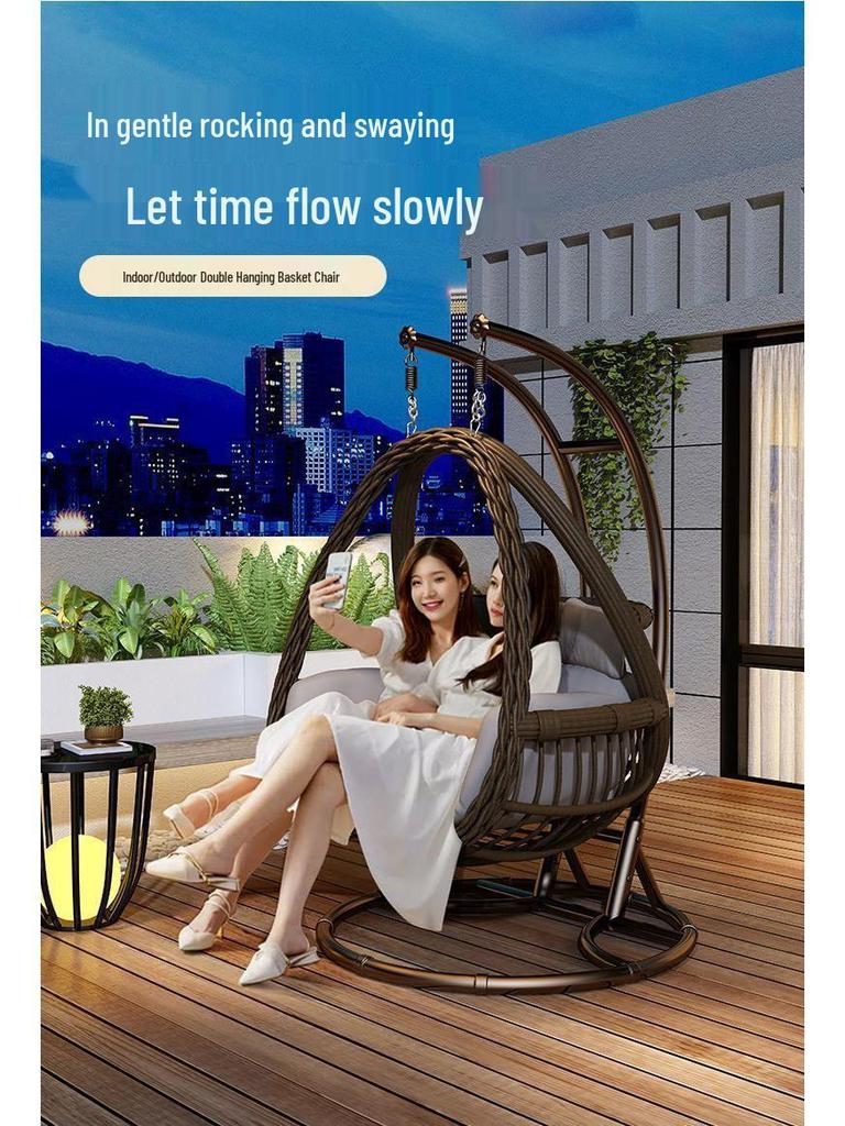 Outdoor Double Swing Rocking Chair Set with Table & Hanging Chair for Balcony or Courtyard Leisure