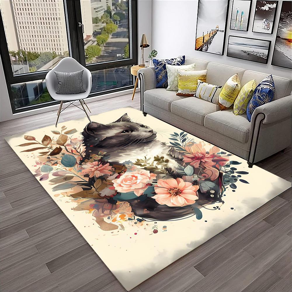 Cute Cat Flower Pastoral Cartoon Carpet Rug for Home Living Room Bedroom Sofa Doormat Decor,Kid Play Area Rug Non-slip Floor Mat