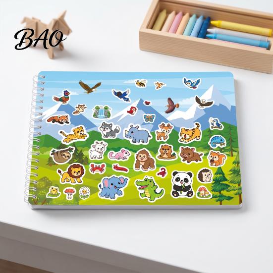 Creative Drawing Pads for Children Coloring Book with Animal Stickers, Rich Cartoon Patterns Coil Binding Skill Building Activity Book, Kids