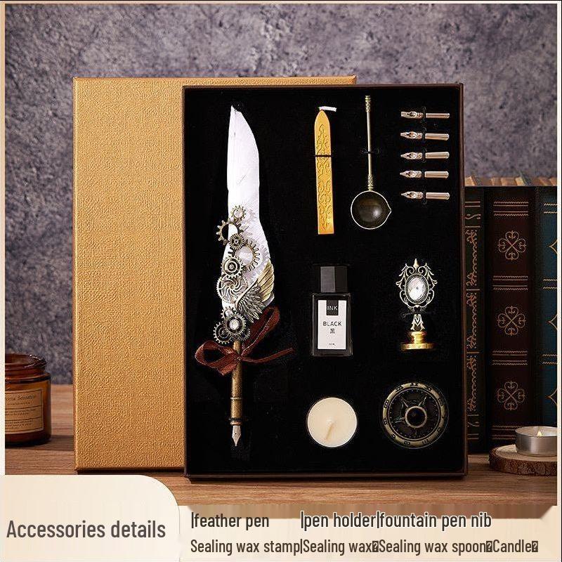 Set stilou cu peniță din pană retro european, cu stil punk mecanic și sigiliu cu ceară - Cadou ideal de ziua de naștere