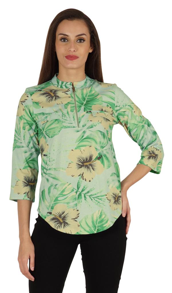 Inkmeso Fashionable Printed Casual Top For Women  s Mandarin Collar Relaxed-Fit Tunic