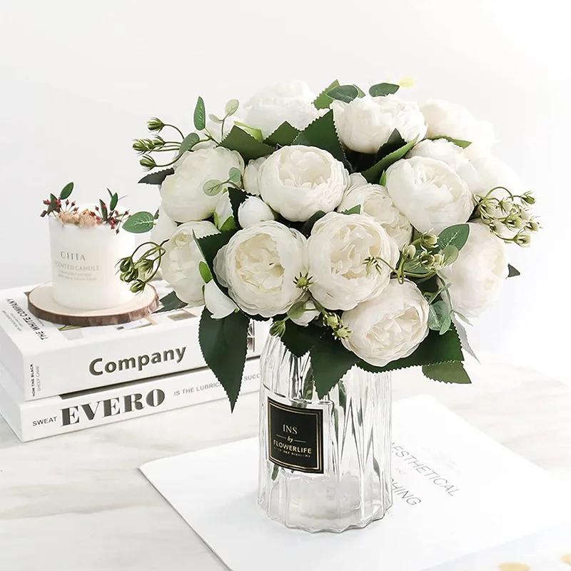 30cm Rose White Peony Artificial Flowers Bouquet 5 Big Head and 4 Bud Cheap Fake Flowers for Home Wedding Decoration Indoor