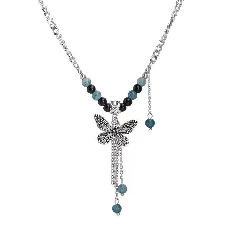 Faint blue beaded butterfly fringed necklace New Chinese retro Guochao ethnic style accessories Women s accessories tide
