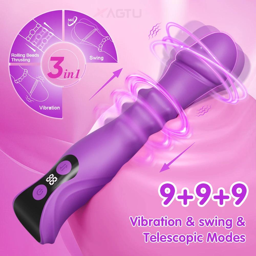Telescopic Swing Vibrator Women 3 In 1 Clitoris G Spot Stimulator Thrusting Beads Dildo Female Masturbation Adult Sex Toys
