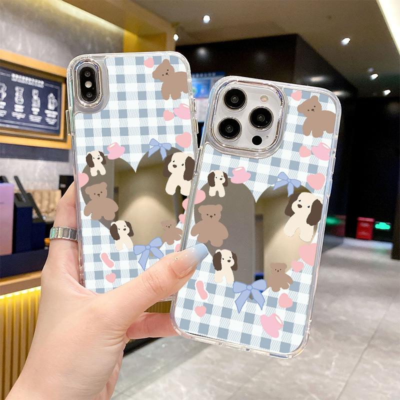 Plaid love mirror iPhone mobile phone case cartoon bear bow apple 13PM anti-drop protective case