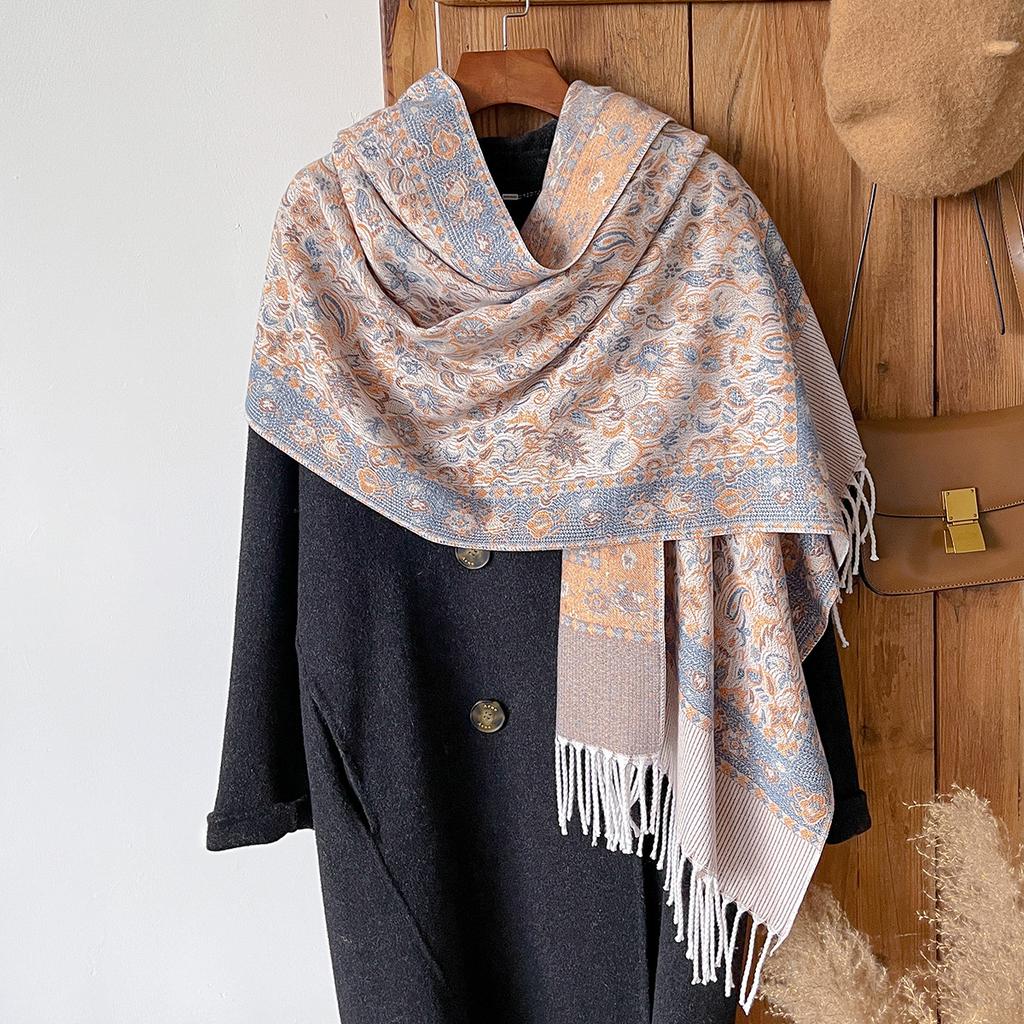 versatile retro flower pattern Hong Kong style imitation cashmere women's warm scarf fashion long beard fringed shawl