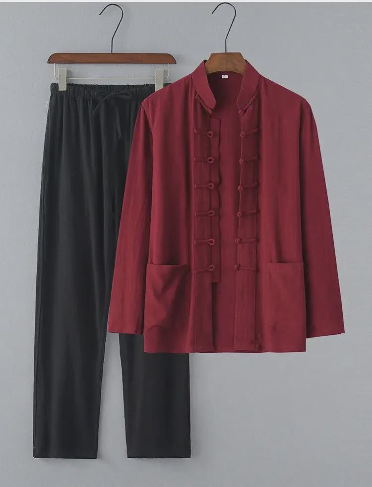 Chinese Style Summer Linen Tang Suit: Men's Retro Hanfu Long-Sleeved Jacket for Middle-Aged and Elderly