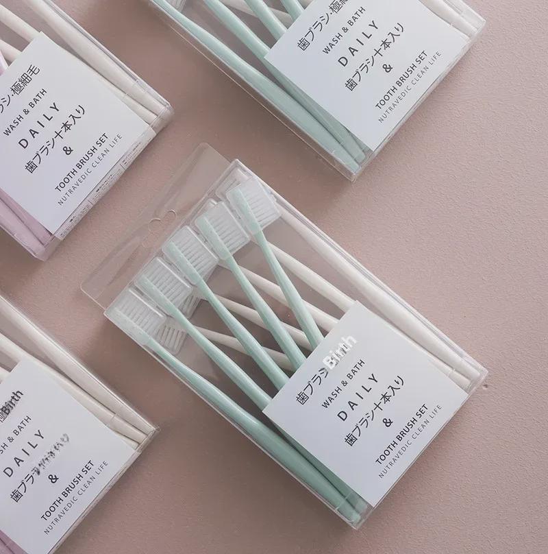 Japanese-Style Soft Bristle Toothbrush Set for Adults with Protective Covers, Small Head, 10 Pieces