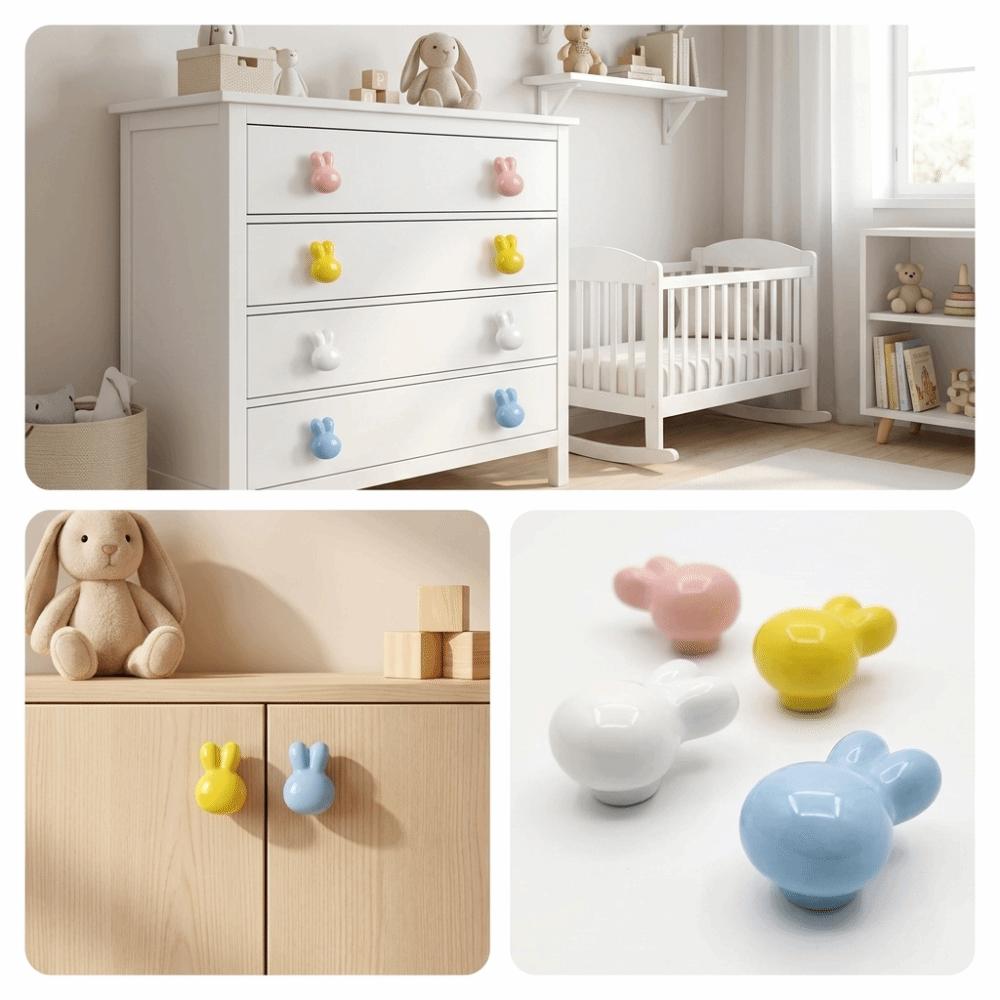 Rounded Soft Edges Ceramic Drawer Knobs Single Hole Cabinet Knobs Playful Rabbit Knobs Playroom