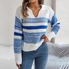 Dámský ležérní pletený pulovr svetr s polo límečkem, dlouhým rukávem, kontrastním pruhem, podzim zima