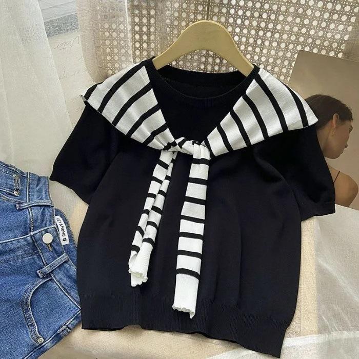 Short-sleeved knitted sweater with shawl chic Korean version fake two-piece top small shirt women's summer versatile trend fashion