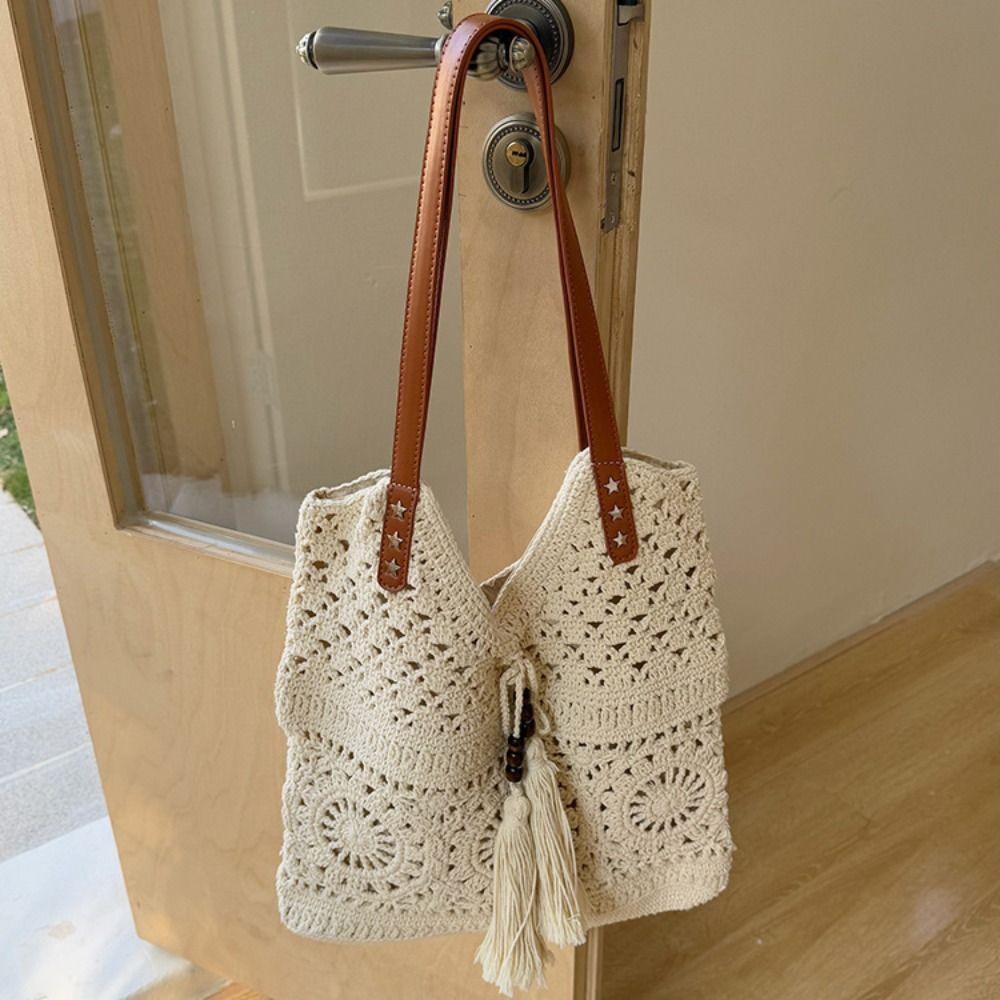 Spring Summer Vacation Crochet Weave Knitted Tote Bag Retro Hollow Out Cotton Thread Shoulder Bag Large Capacity Beach Handbag