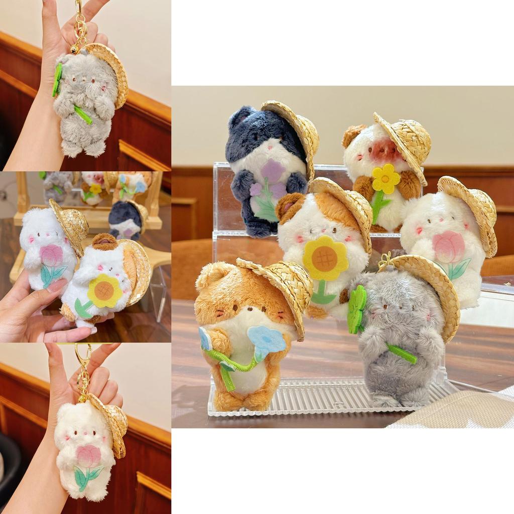 Garden Cat Plush Keychain With Straw Hat And Flower Holding Design For Cute Gift And Accessories